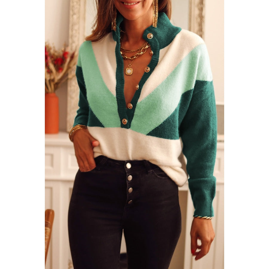 Color Block Buttoned Sweater Green / M