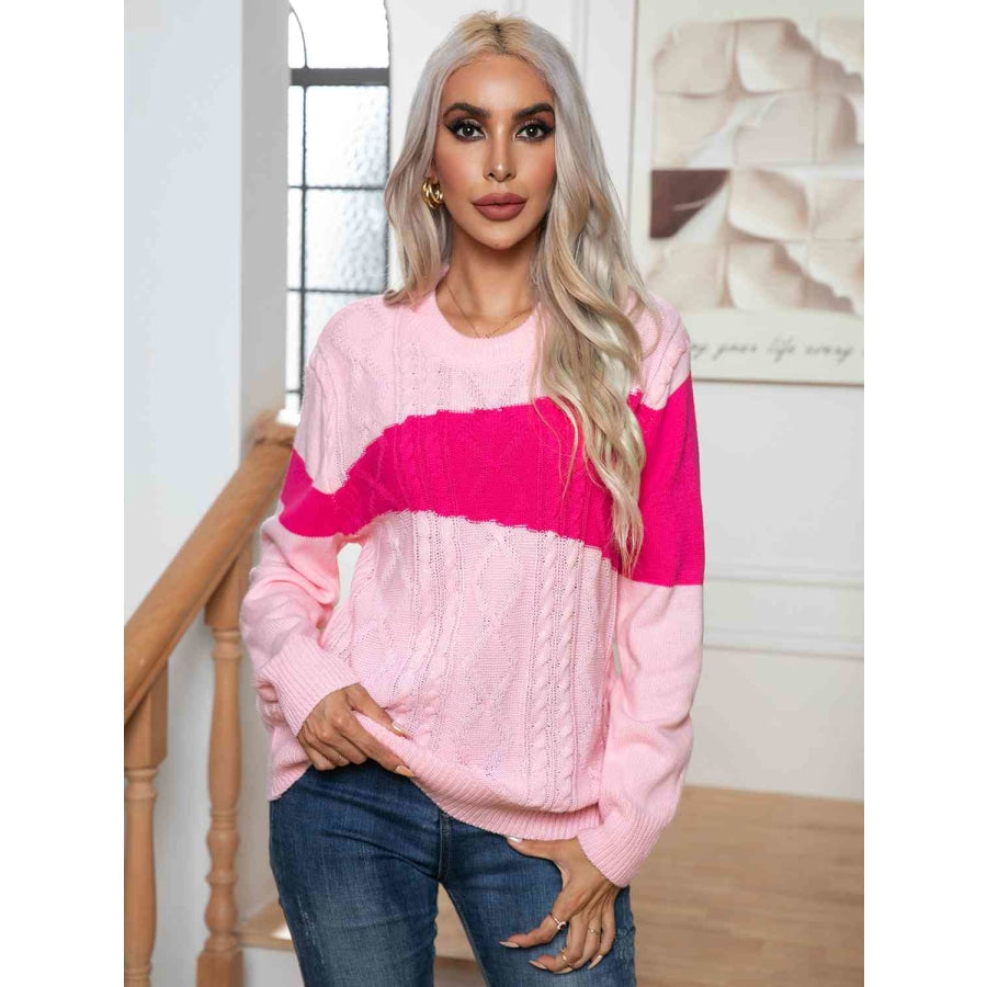 Color Block Cable-Knit Round Neck Sweater Blush Pink / S