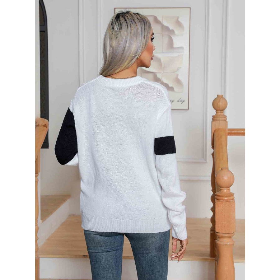 Color Block Cable-Knit Round Neck Sweater