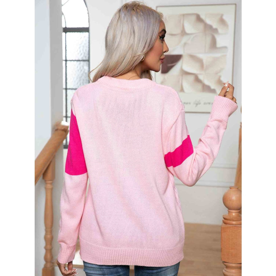 Color Block Cable-Knit Round Neck Sweater Blush Pink / S