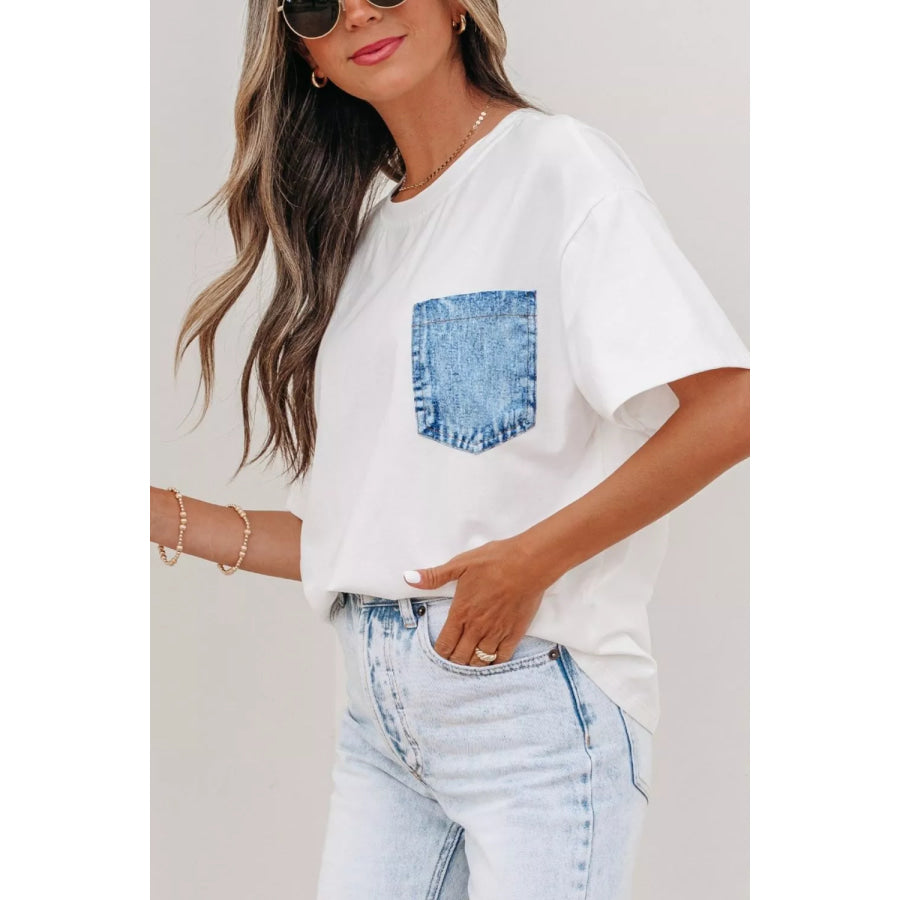 Color Block Chest Pocket Patched Casual Short Sleeve Top White / S Apparel and Accessories