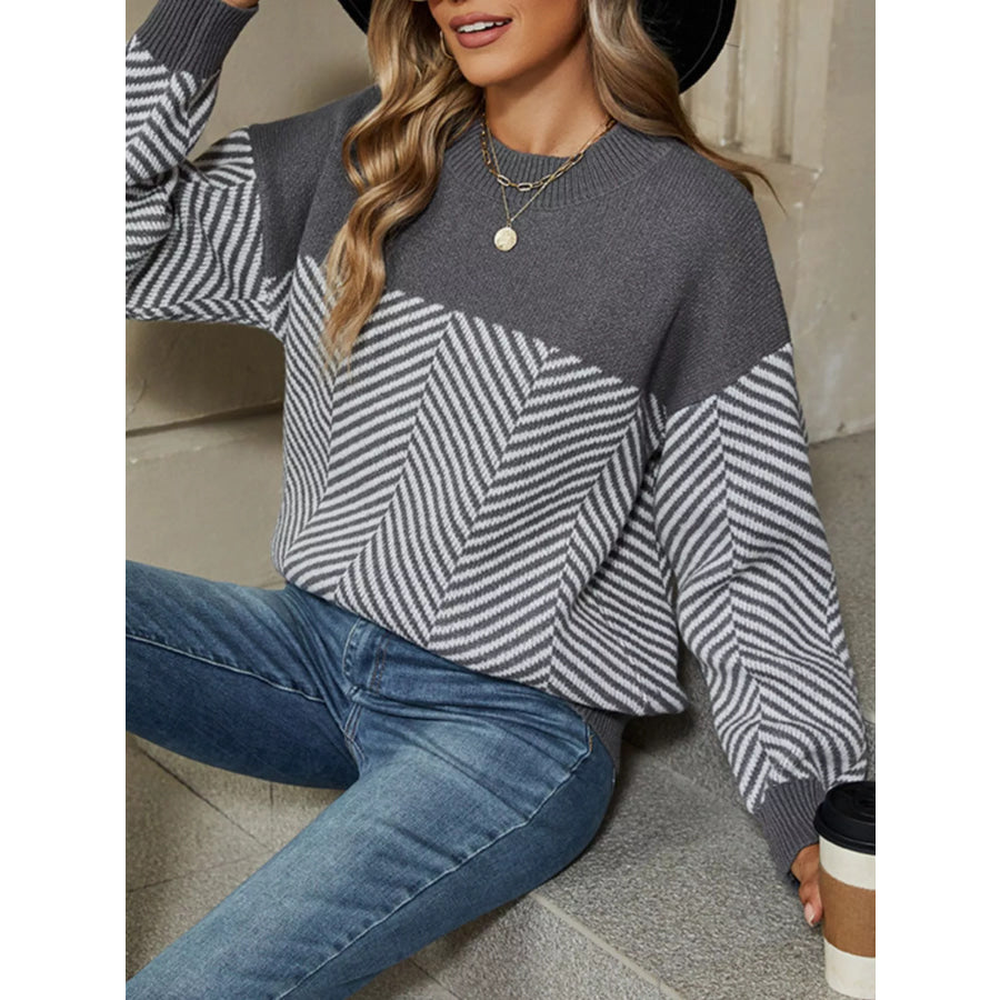 Color Block Chevron Pattern Dropped Shoulder Sweater Gray / S Apparel and Accessories