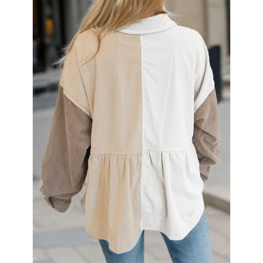 Color Block Collared Neck Button Up Jacket Tan / S Clothing