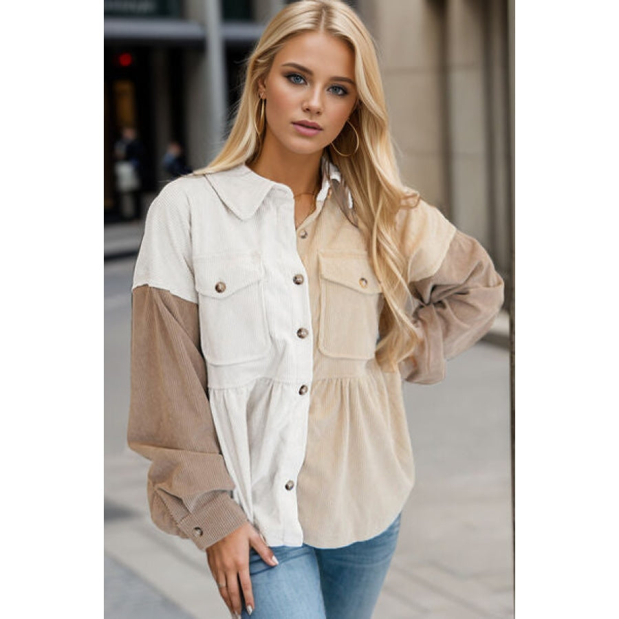 Color Block Collared Neck Button Up Jacket Tan / S Clothing