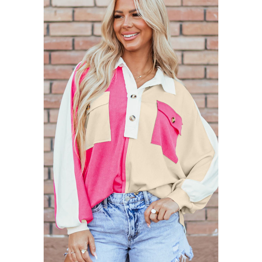 Color Block Collared Neck Long Sleeve Sweatshirt Hot Pink / S Apparel and Accessories