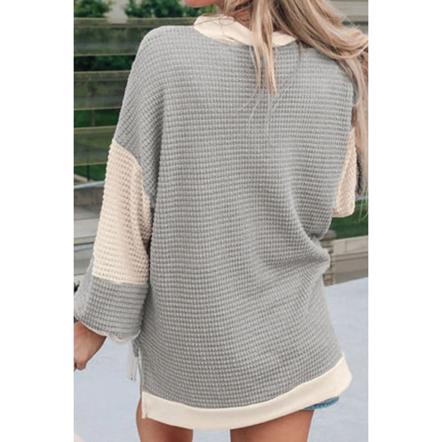 Color Block Collared Neck Long Sleeve Top Gray / S Apparel and Accessories