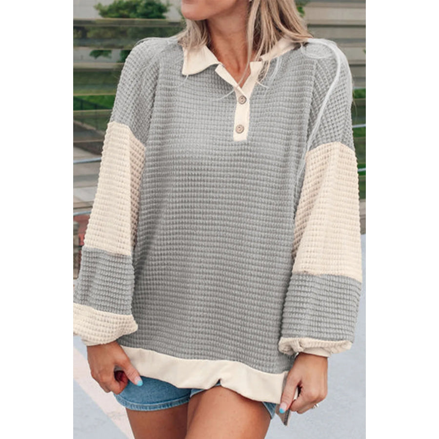 Color Block Collared Neck Long Sleeve Top Gray / S Apparel and Accessories