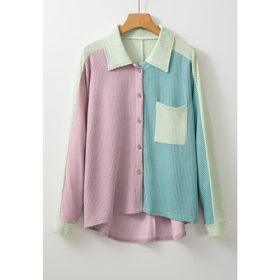 Color Block Corded Button Up Shacket Apparel and Accessories