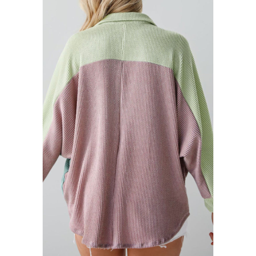 Color Block Corded Button Up Shacket Apparel and Accessories