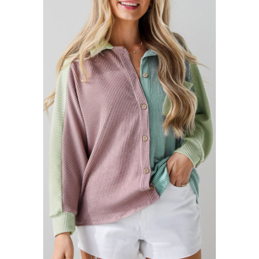 Color Block Corded Button Up Shacket Apparel and Accessories