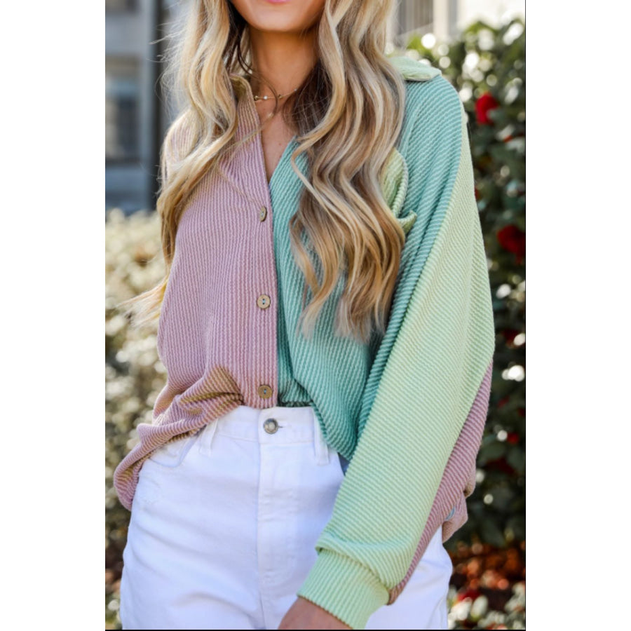 Color Block Corded Button Up Shacket Dusty Pink / S Apparel and Accessories