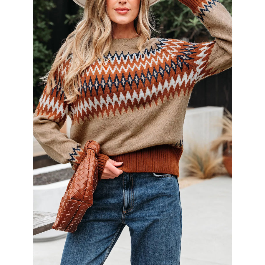 Color Block Crew Neck Sweater Khaki / S Apparel and Accessories