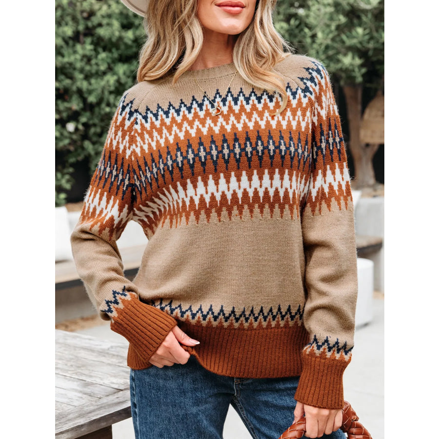 Color Block Crew Neck Sweater Khaki / S Apparel and Accessories