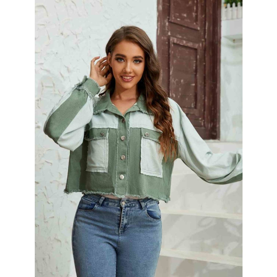 Color Block Crop Jacket with Pockets Matcha Green / S