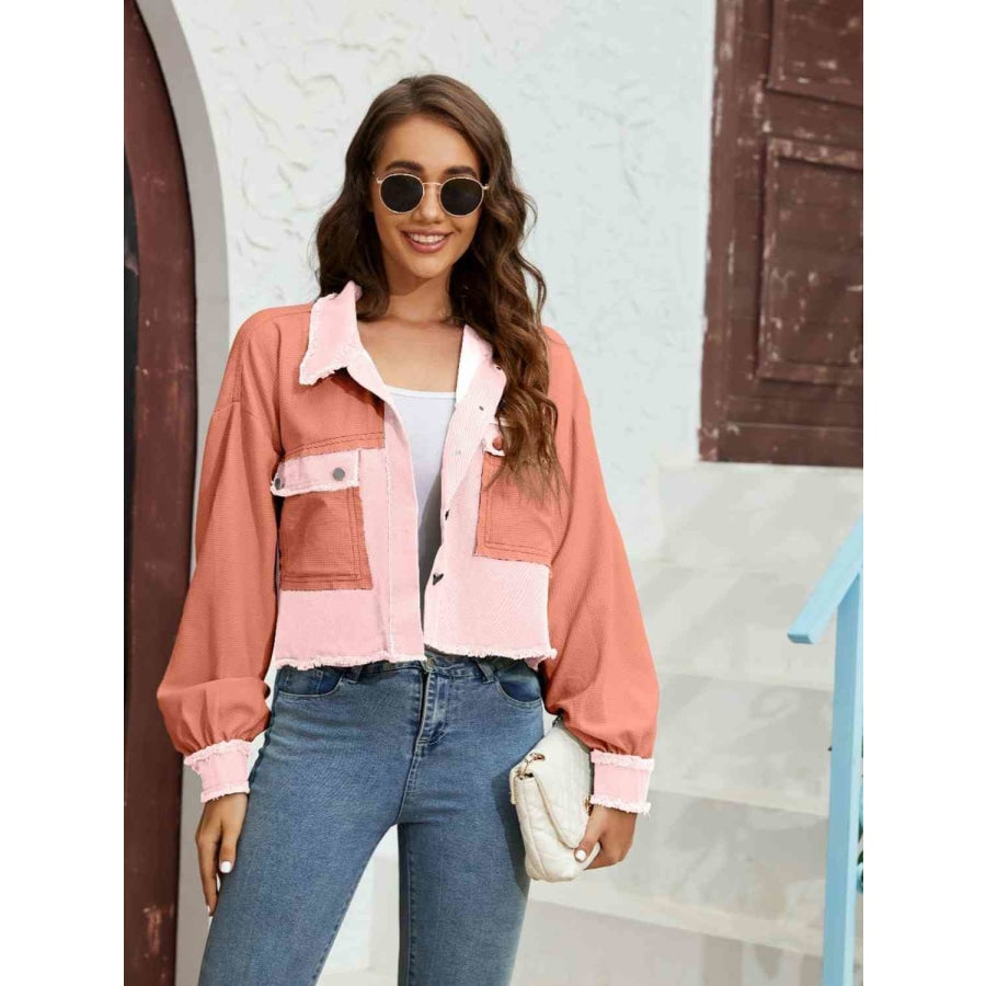 Color Block Crop Jacket with Pockets Strawberry / S