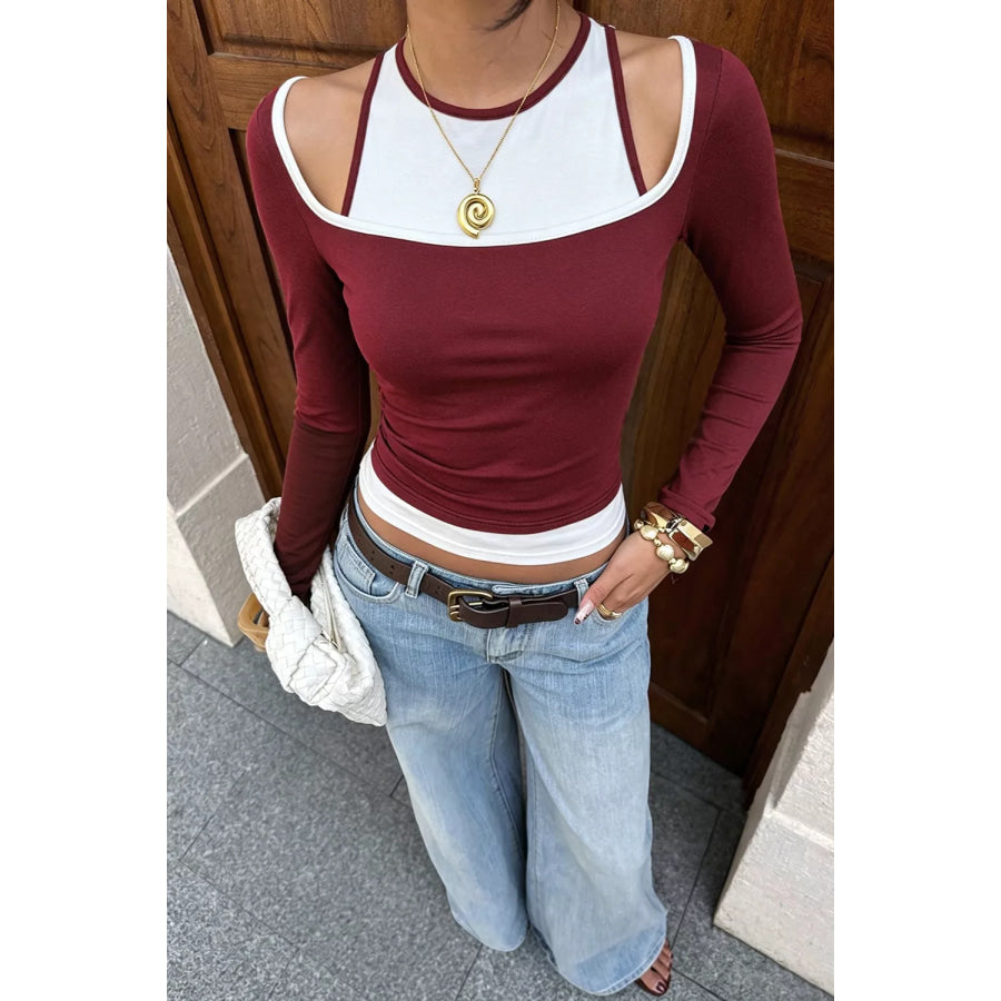 Color-Block Cutout Long Sleeve Slim Fit Top Burgundy / S Apparel and Accessories