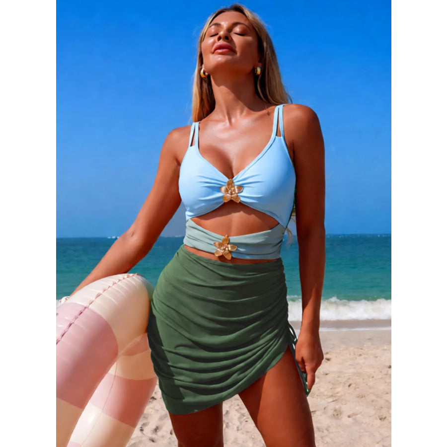 Color Block Cutout One-Piece Swimsuit Moss / S Apparel and Accessories