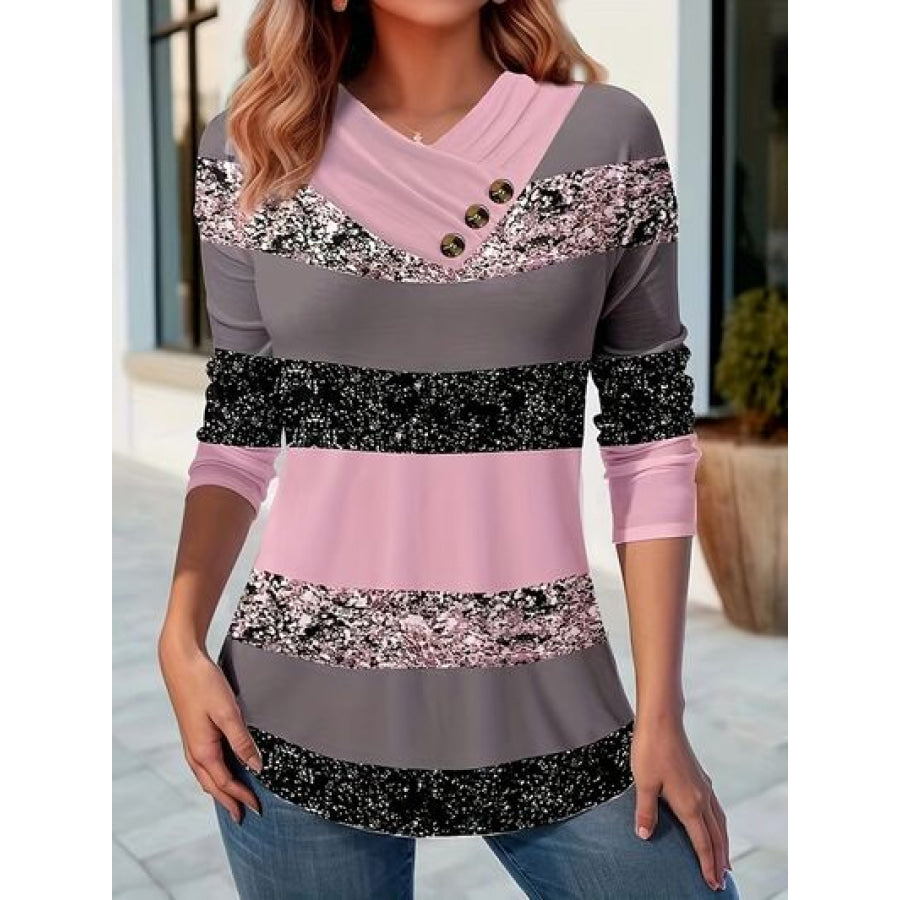 Color Block Decorative Button T-Shirt Carnation Pink / S Clothing