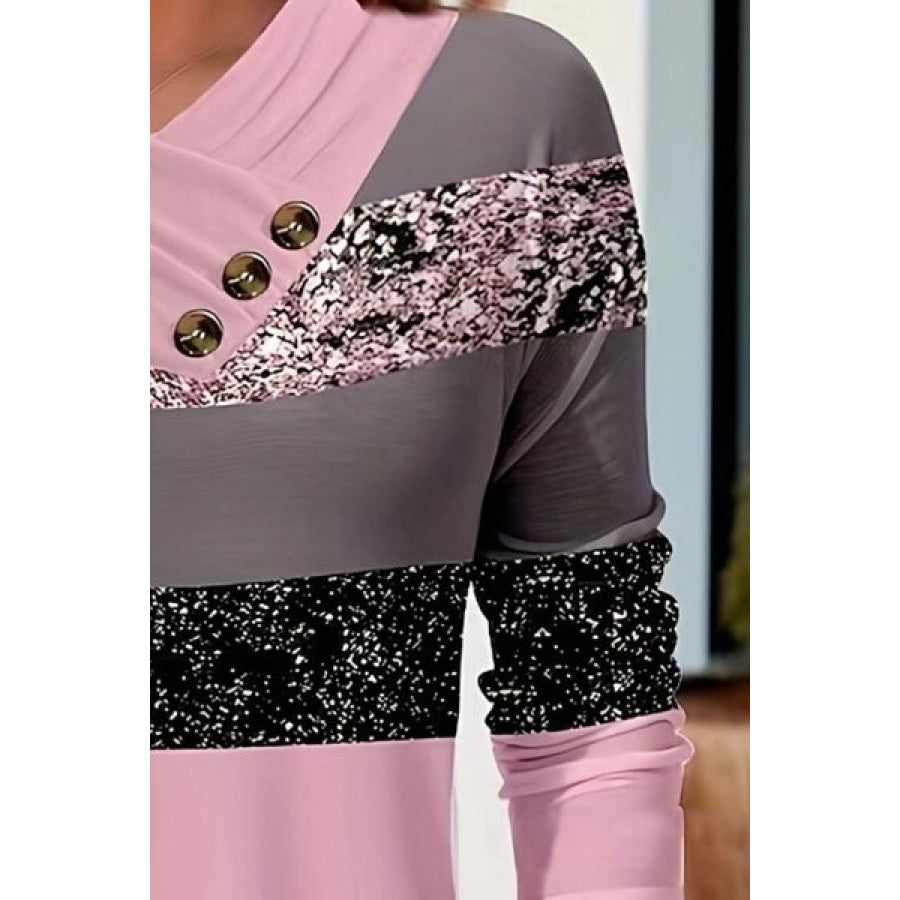 Color Block Decorative Button T-Shirt Carnation Pink / S Clothing