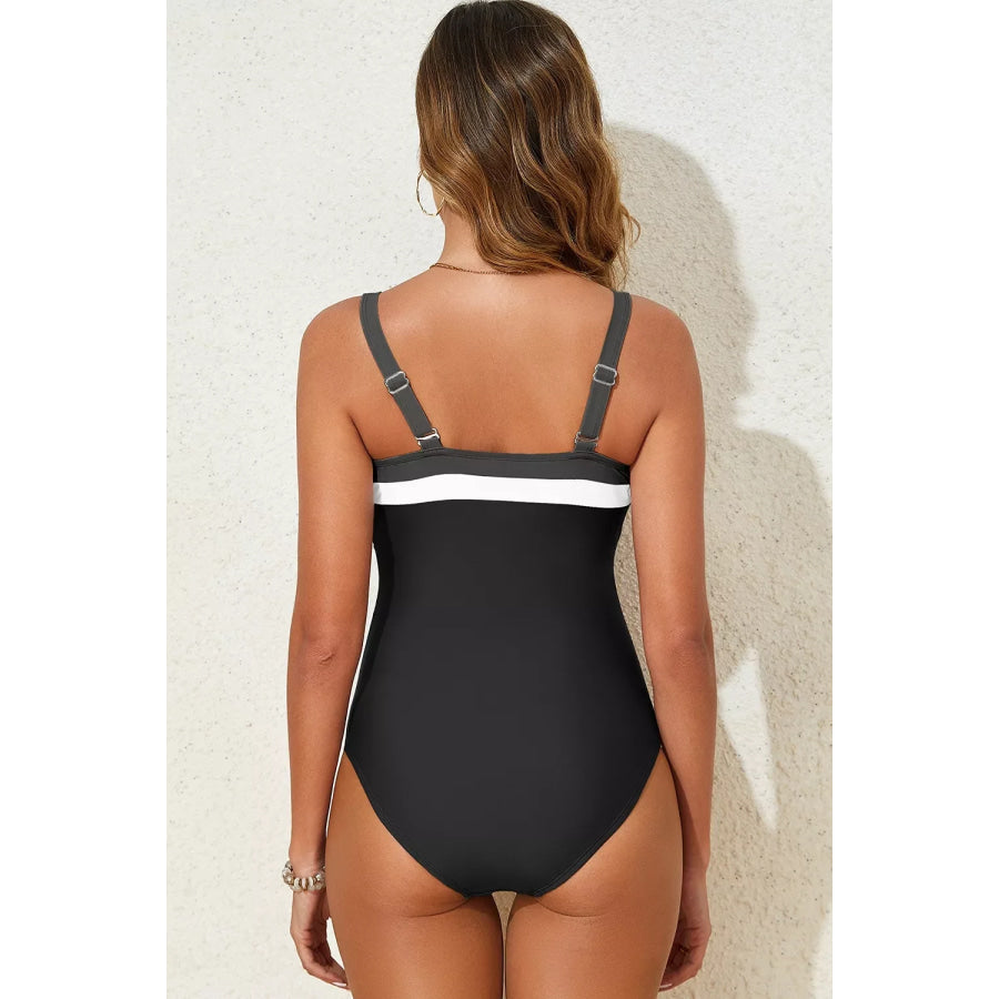 Color Block Detail Adjustable Straps One Piece Swimsuit Apparel and Accessories