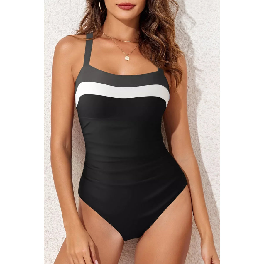 Color Block Detail Adjustable Straps One Piece Swimsuit Apparel and Accessories