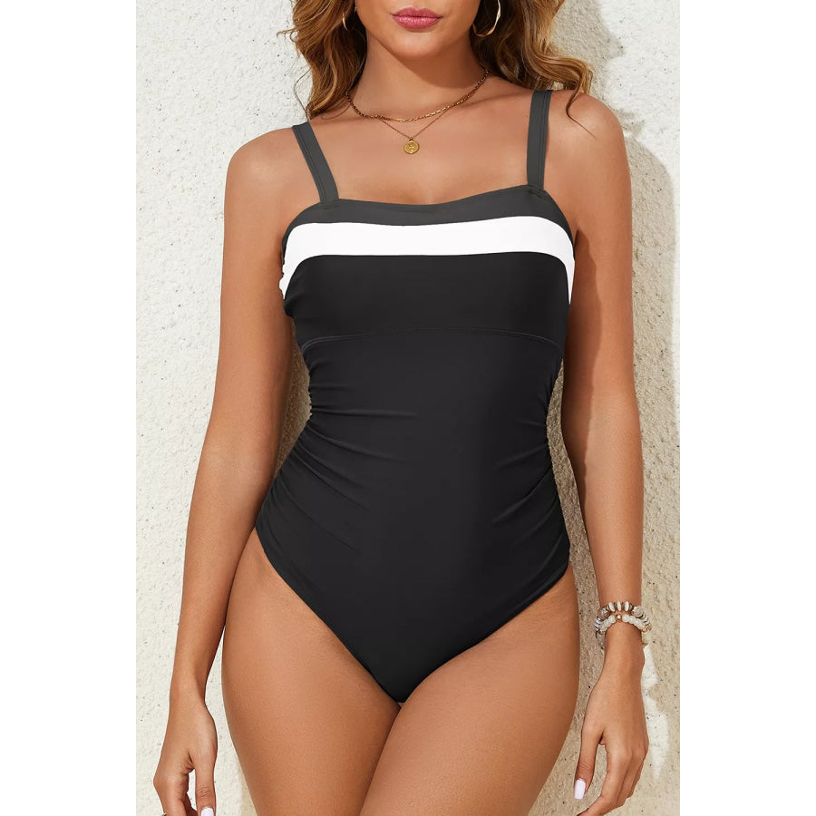 Color Block Detail Adjustable Straps One Piece Swimsuit Apparel and Accessories