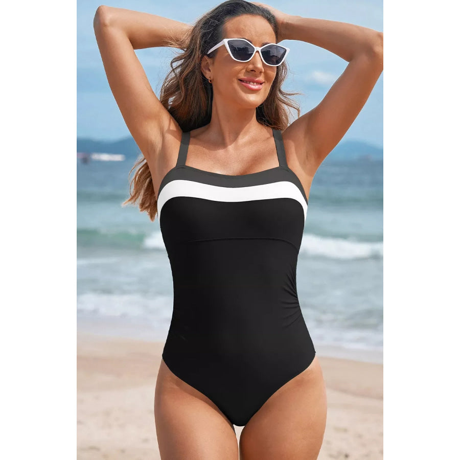 Color Block Detail Adjustable Straps One Piece Swimsuit Black / S Apparel and Accessories