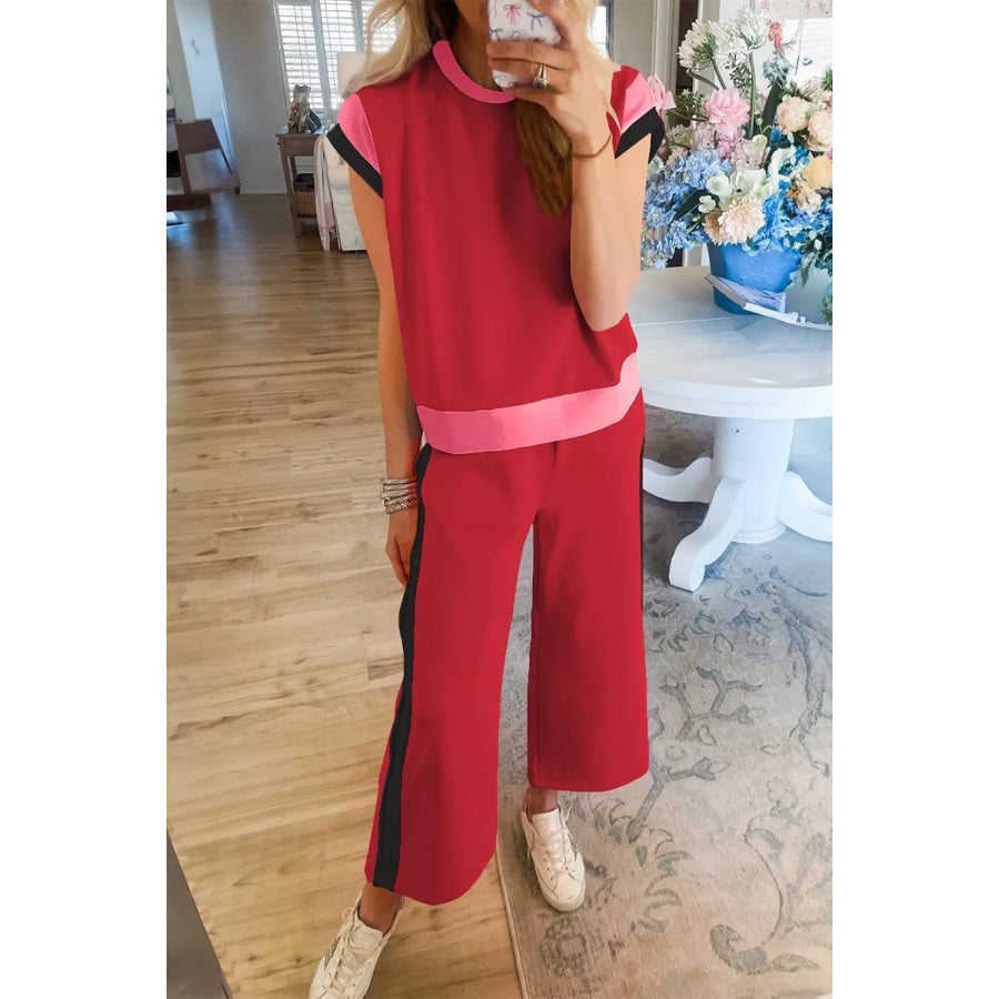 Color Block Detail Tee and Pants Two-piece Set Scarlet / S Apparel and Accessories