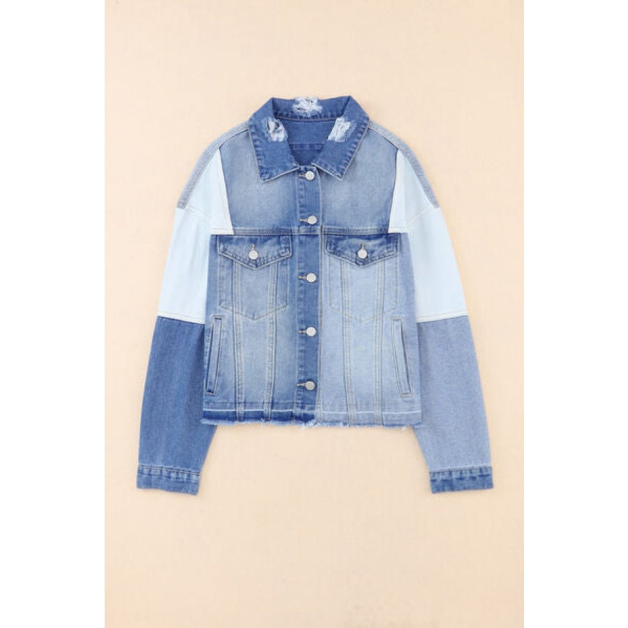 Color Block Distressed Button Up Denim Jacket Clothing