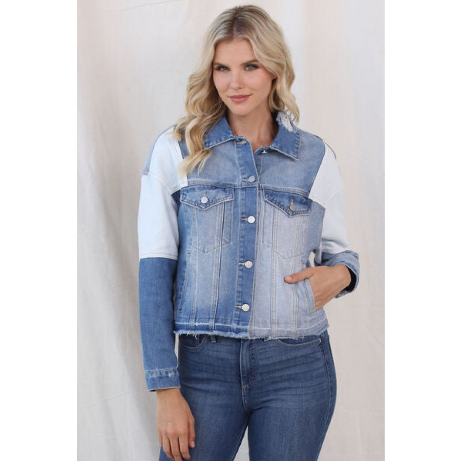 Color Block Distressed Button Up Denim Jacket Clothing