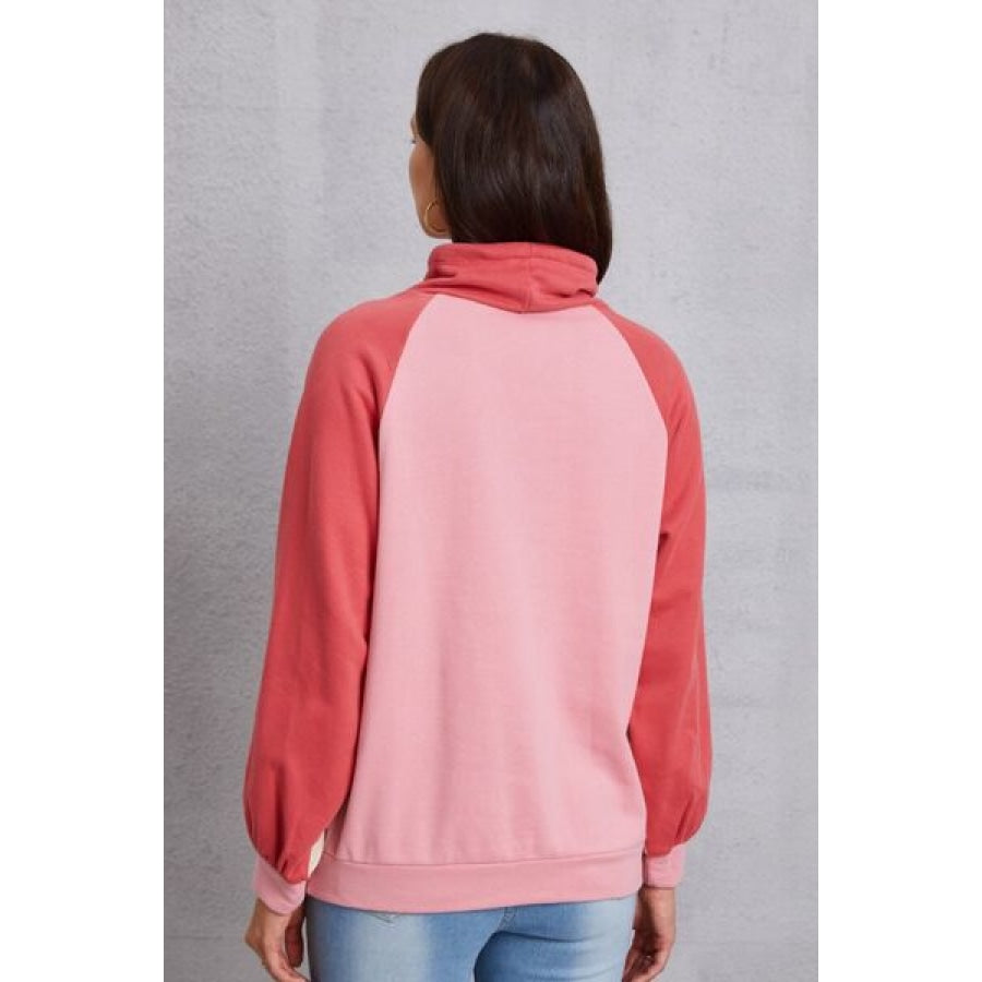 Color Block Drawstring Mock Neck Sweatshirt Clothing