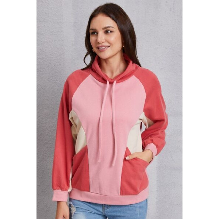 Color Block Drawstring Mock Neck Sweatshirt Coral / S Clothing