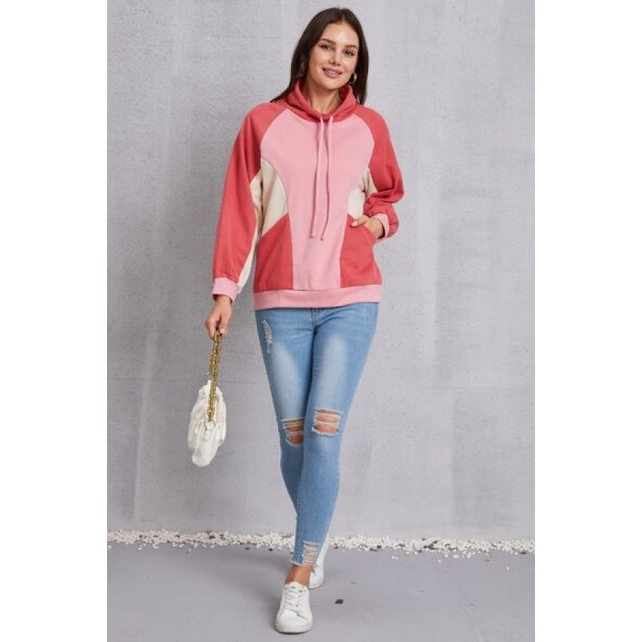 Color Block Drawstring Mock Neck Sweatshirt Clothing