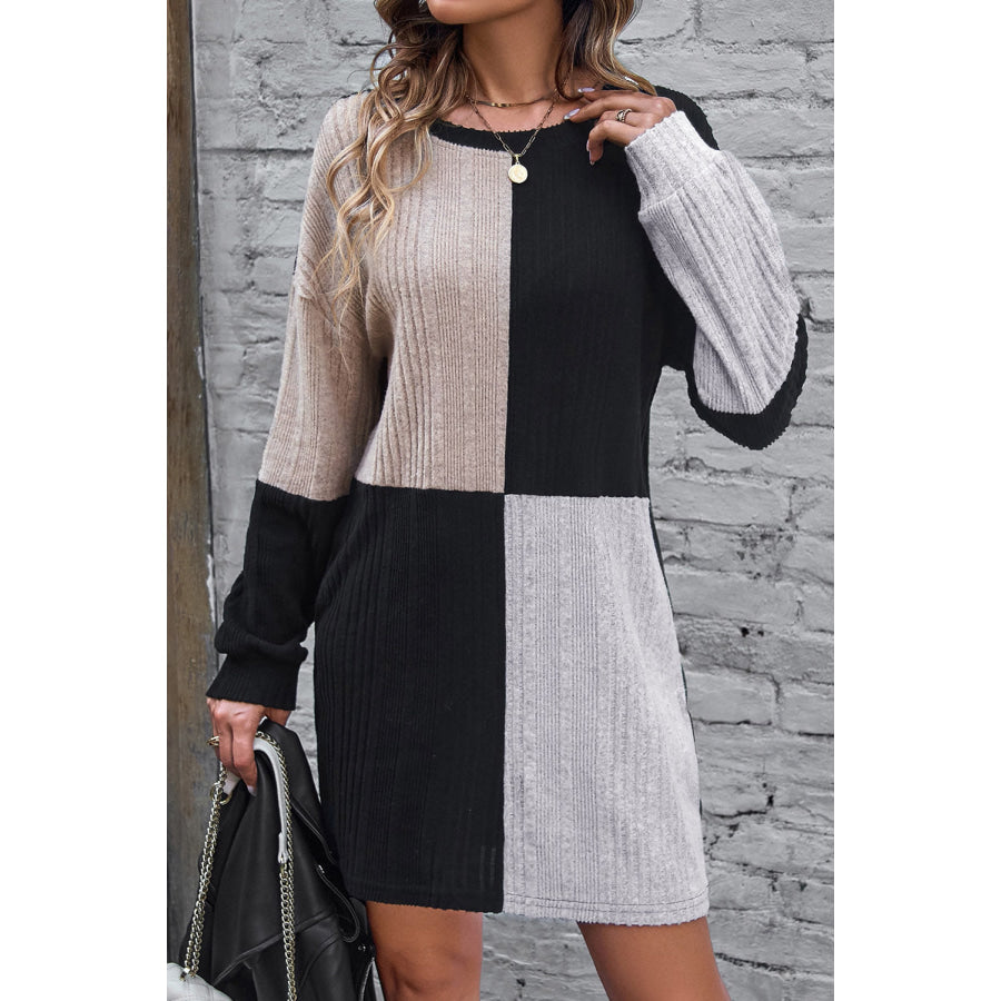 Color Block Drop Shoulder Long Sleeve Mini Dress Black / S Apparel and Accessories