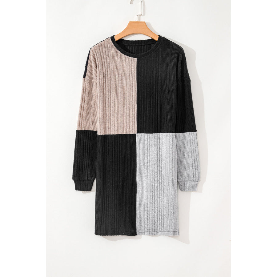 Color Block Drop Shoulder Long Sleeve Mini Dress Apparel and Accessories