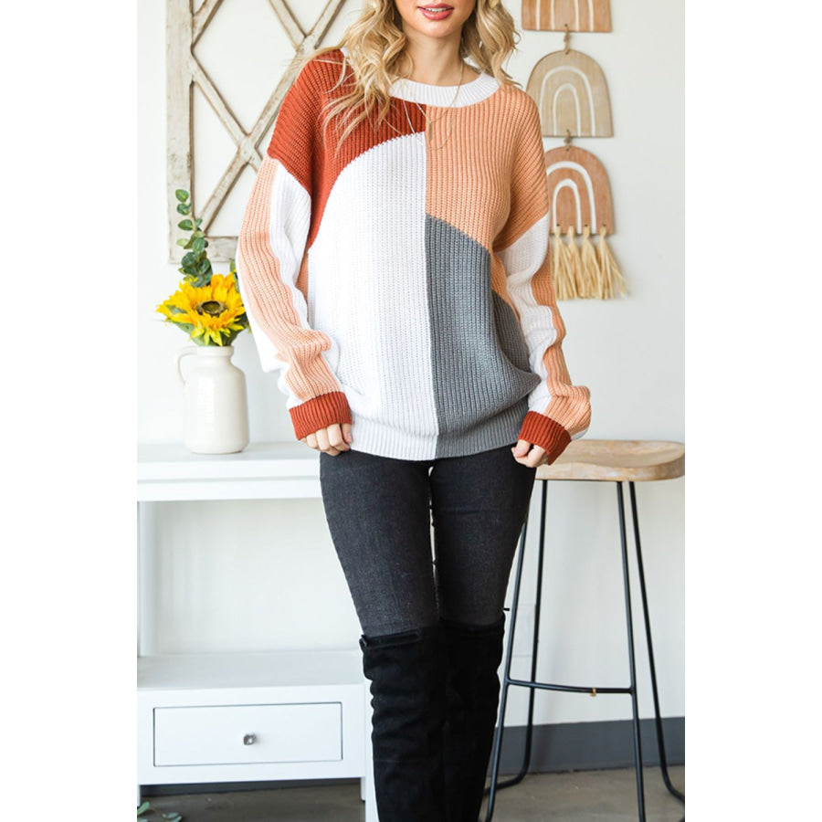 Color Block Drop Shoulder Long Sleeve Sweater Apparel and Accessories
