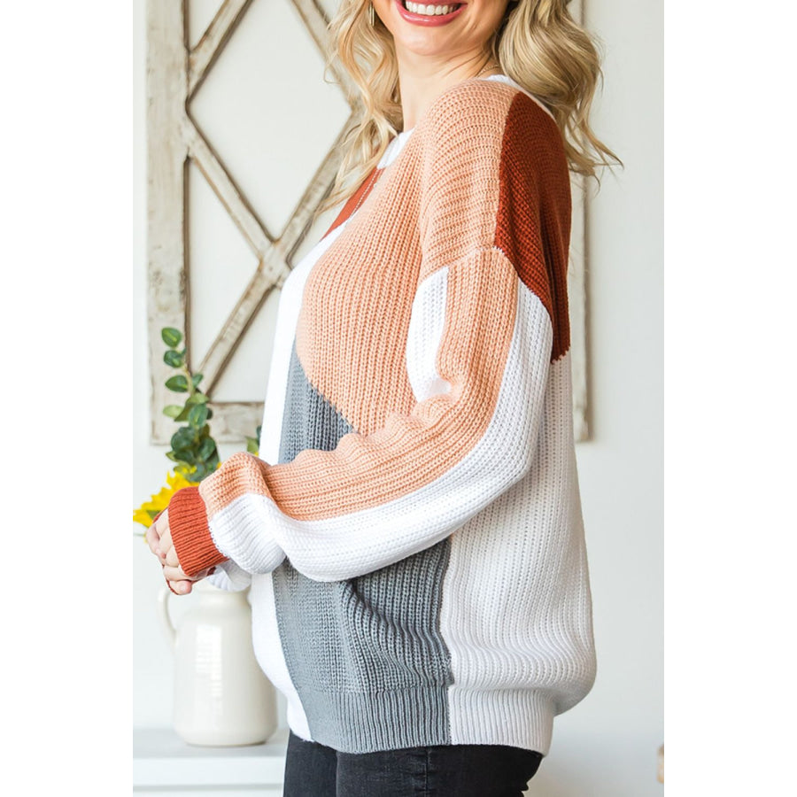 Color Block Drop Shoulder Long Sleeve Sweater Apparel and Accessories
