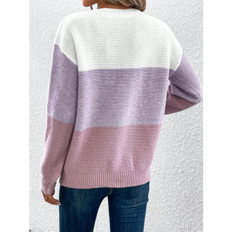 Color Block Drop Shoulder Long Sleeve Sweater Apparel and Accessories