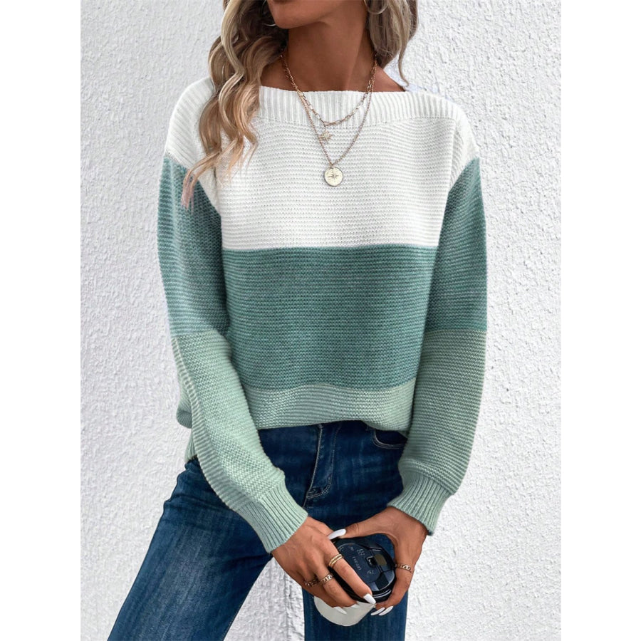 Color Block Drop Shoulder Long Sleeve Sweater Gum Leaf / S Apparel and Accessories