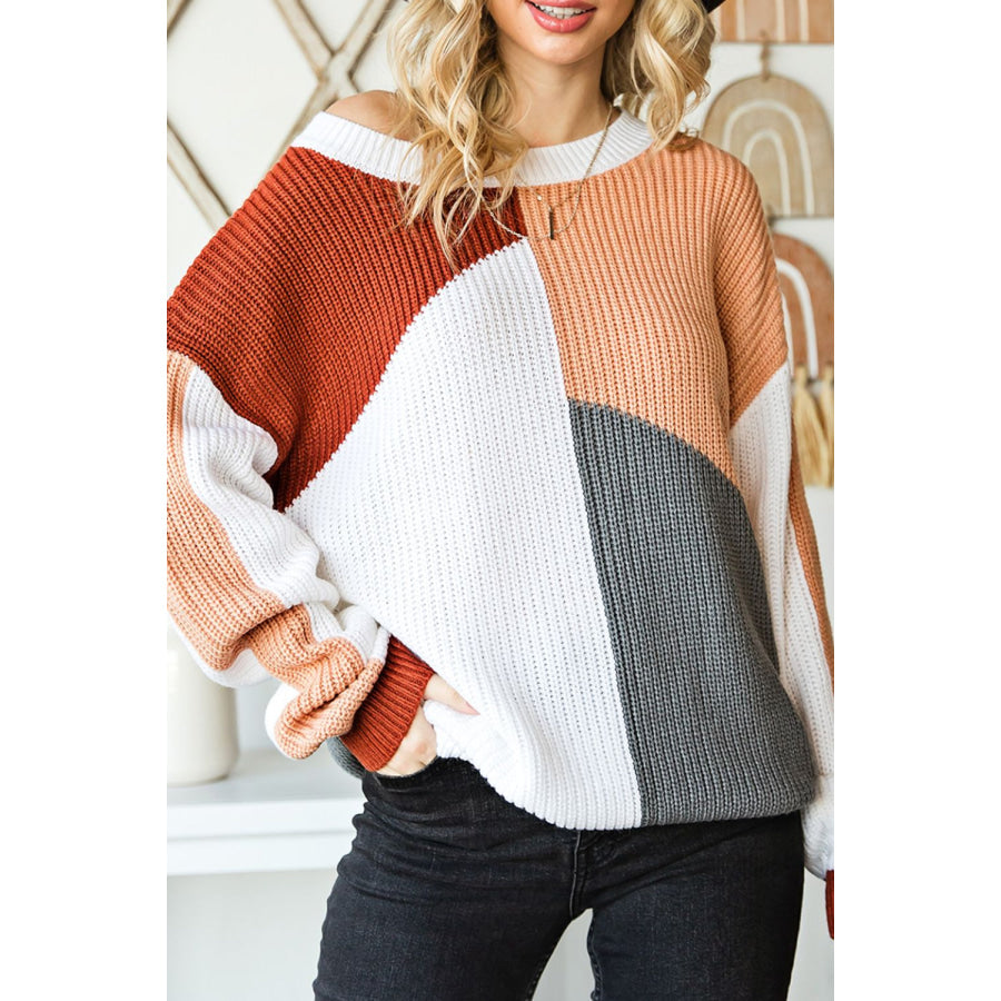 Color Block Drop Shoulder Long Sleeve Sweater White / S Apparel and Accessories