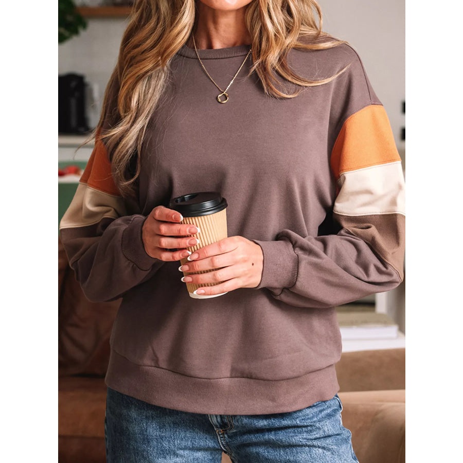 Color Block Drop Shoulder Pullover Casual Sweatshirt Apparel and Accessories