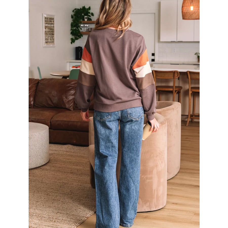 Color Block Drop Shoulder Pullover Casual Sweatshirt Apparel and Accessories