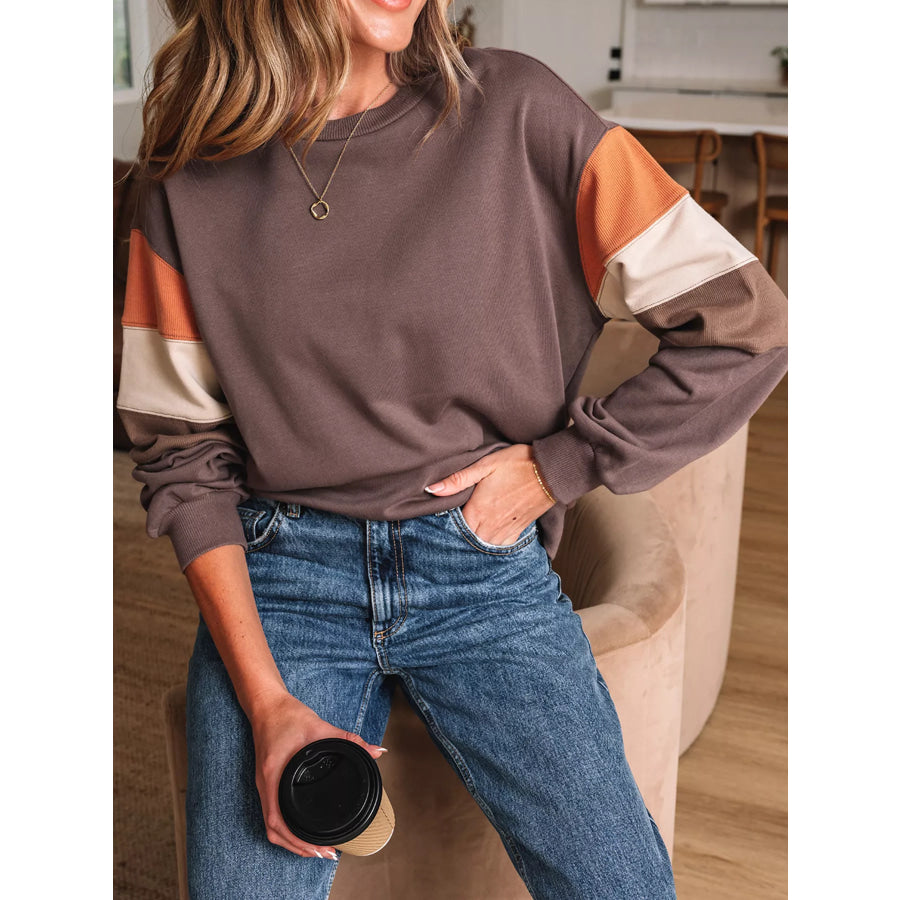 Color Block Drop Shoulder Pullover Casual Sweatshirt Apparel and Accessories