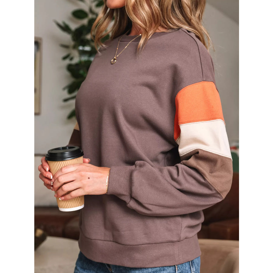 Color Block Drop Shoulder Pullover Casual Sweatshirt Apparel and Accessories