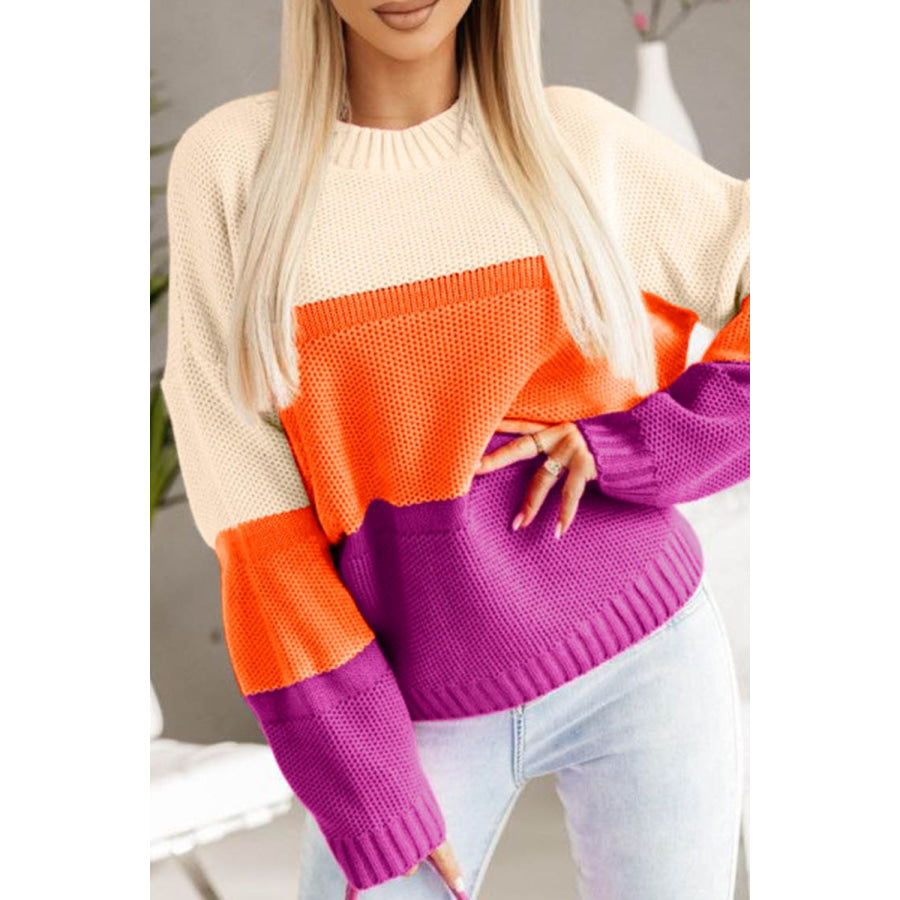 Color Block Drop Shoulder Round Neck Sweater Orange / S Apparel and Accessories