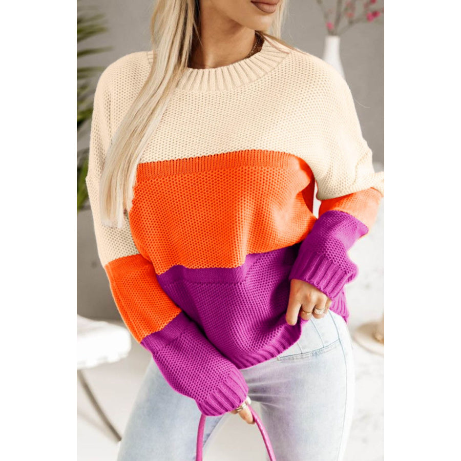 Color Block Drop Shoulder Round Neck Sweater Orange / S Apparel and Accessories