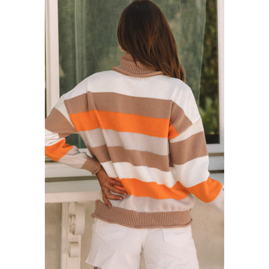 Color Block Drop Shoulder Turtleneck Sweater Apparel and Accessories