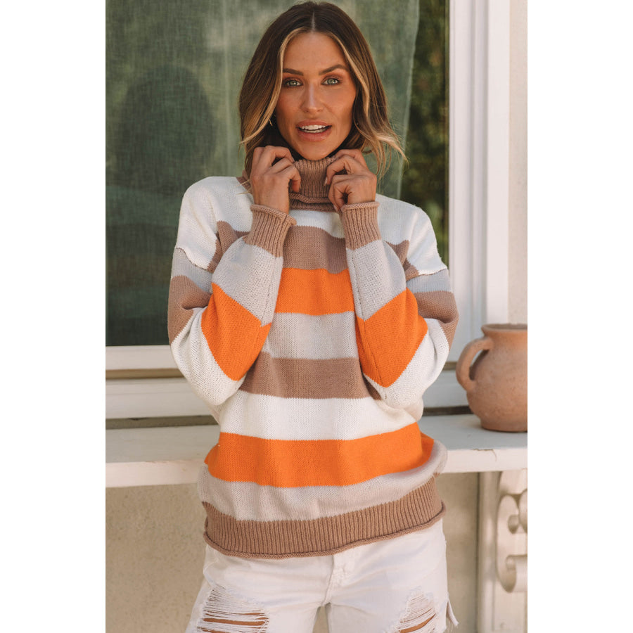 Color Block Drop Shoulder Turtleneck Sweater Apparel and Accessories