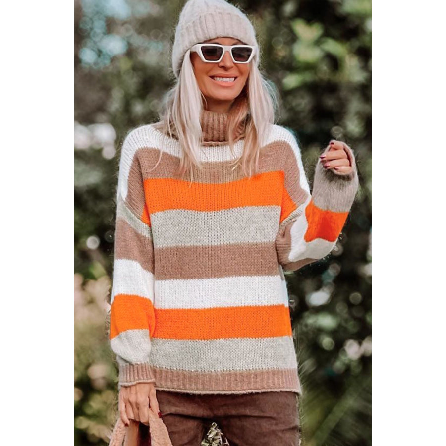 Color Block Drop Shoulder Turtleneck Sweater Stripe / S Apparel and Accessories