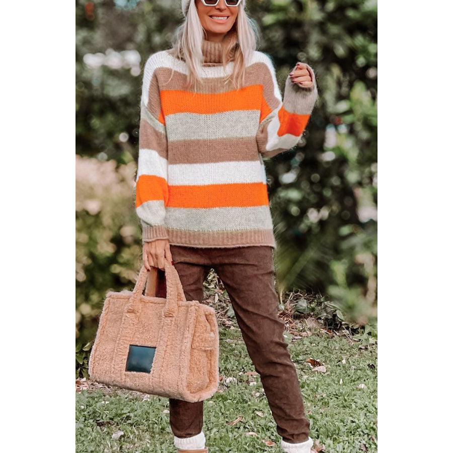 Color Block Drop Shoulder Turtleneck Sweater Apparel and Accessories